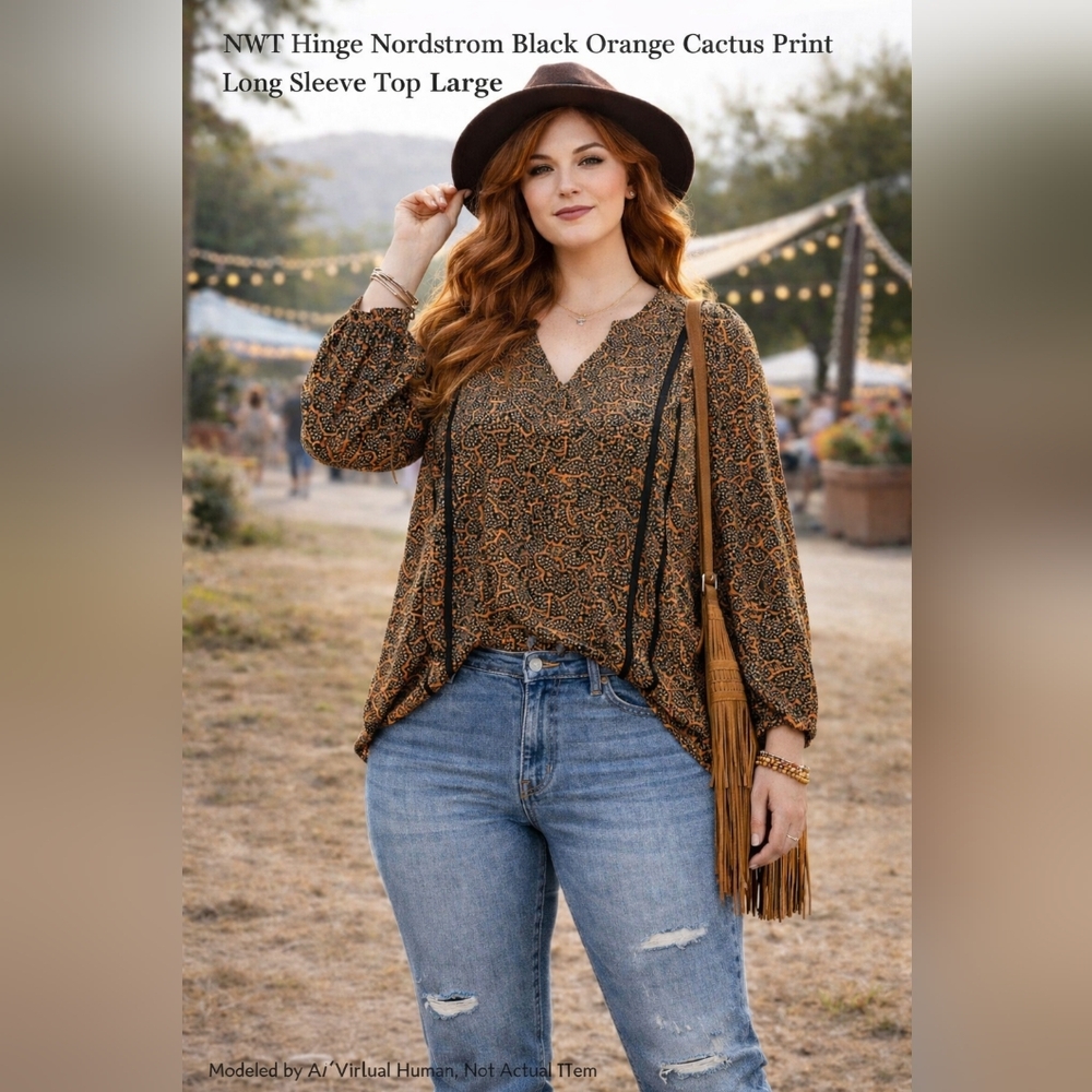 NWT Large Hinge Nordstrom Navy Mustard Yellow Cactus Print Long Sleeve Top